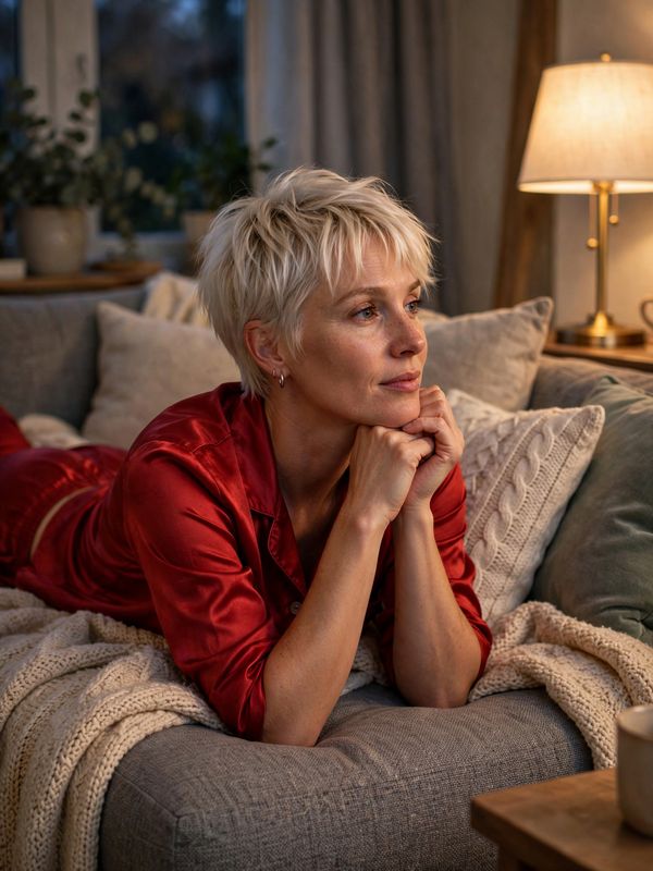 AI photo made with Muse, a woman on a sofa in red pyjamas