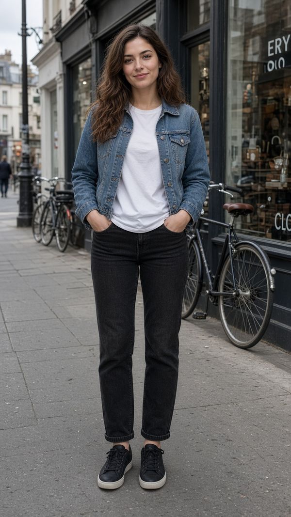 AI street photo made with Grok Image 2.0, a woman in a denim jacket