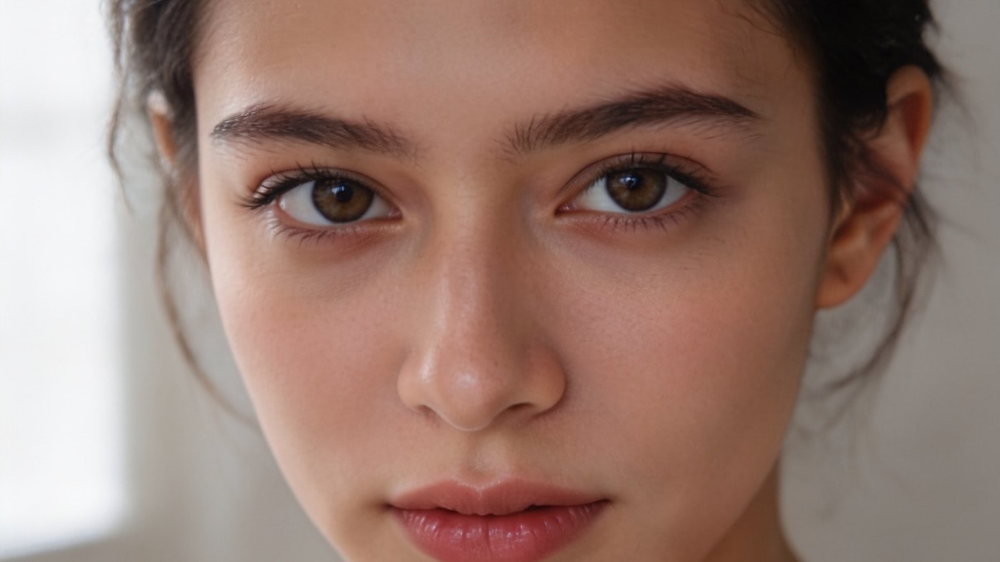 The same AI face after Skin Polish, with pores and freckles
