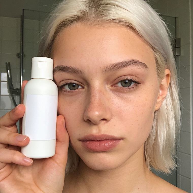 AI product picture, a woman holding a bottle