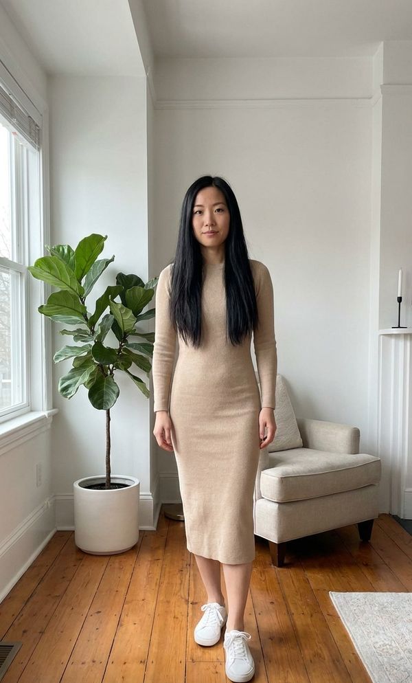 AI photo made with Nano Banana Pro, a woman in a beige dress in a bright living room