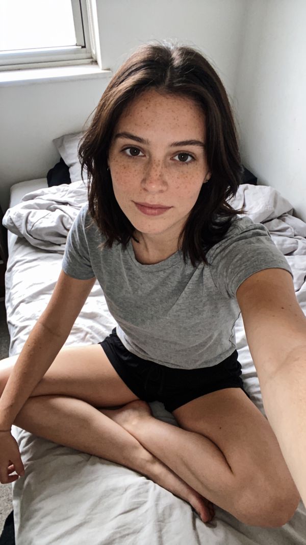 AI photo made with Seedream 4.5, a woman sitting on an unmade bed